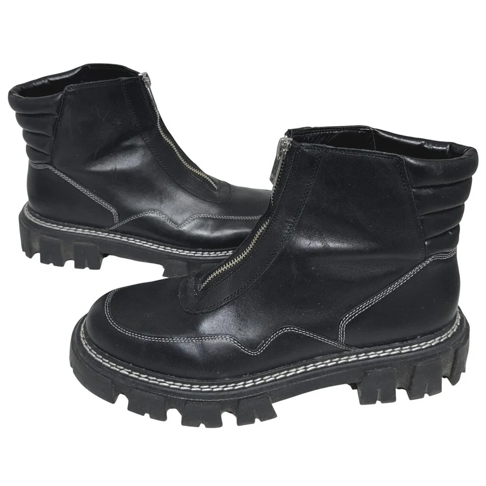 Marc Fisher LTD Mens Black Leather Front Zip Lug Sole Combat Boots Size 9.5M‎